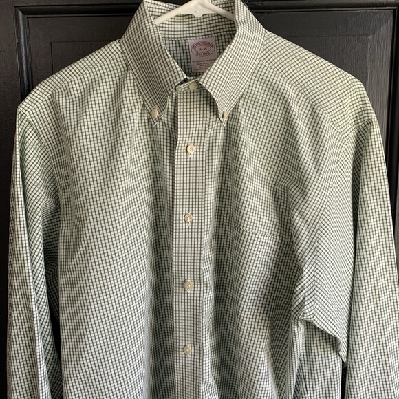 BROOKS BROTHERS  THE ORIGINAL POLO SHIRT Mens 16/35  LONG SLEEVE Green Checked - Picture 2 of 8